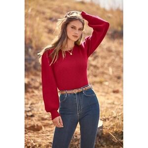 MASCOMODA Ribbed Knit Bodysuit Red Puff Sleeve Crew Neck Snap Closure Size S